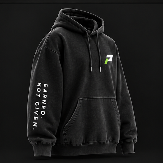 PODIUM Heavyweight Hoodie in Black, three-quarter view