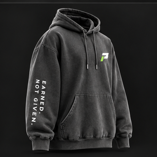 PODIUM Heavyweight Hoodie in Dark Gray, three-quarter view